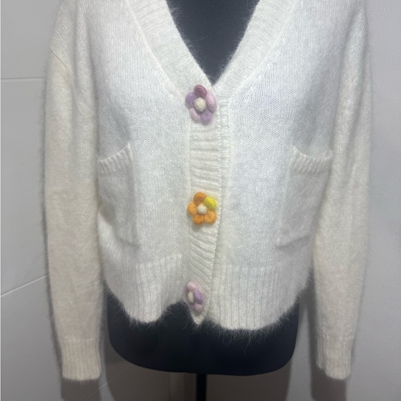 Elegant White Cardigan with Floral Buttons - Picture 4 of 5
